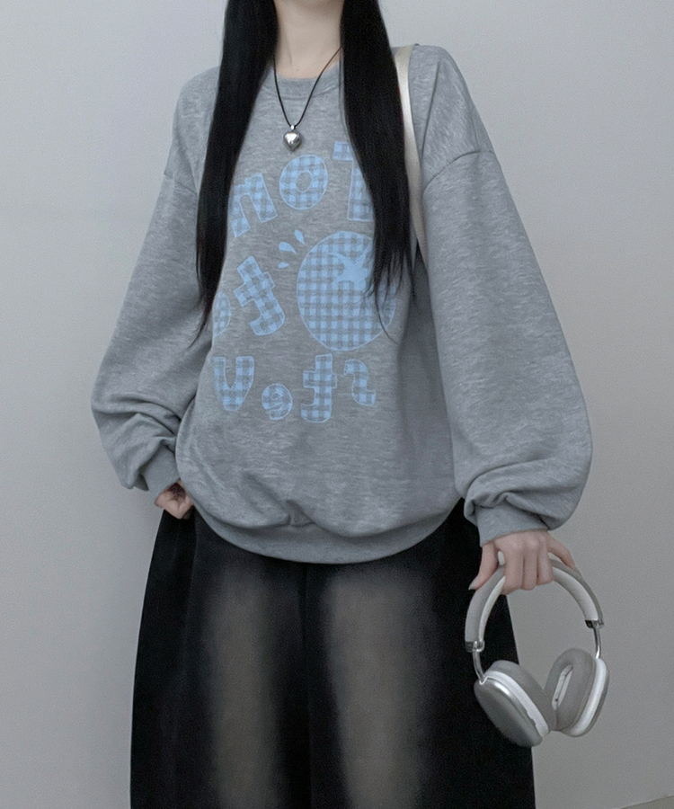 기모버전스윗토마토체크레터링프린팅벌룬박스핏맨투맨 멜란지