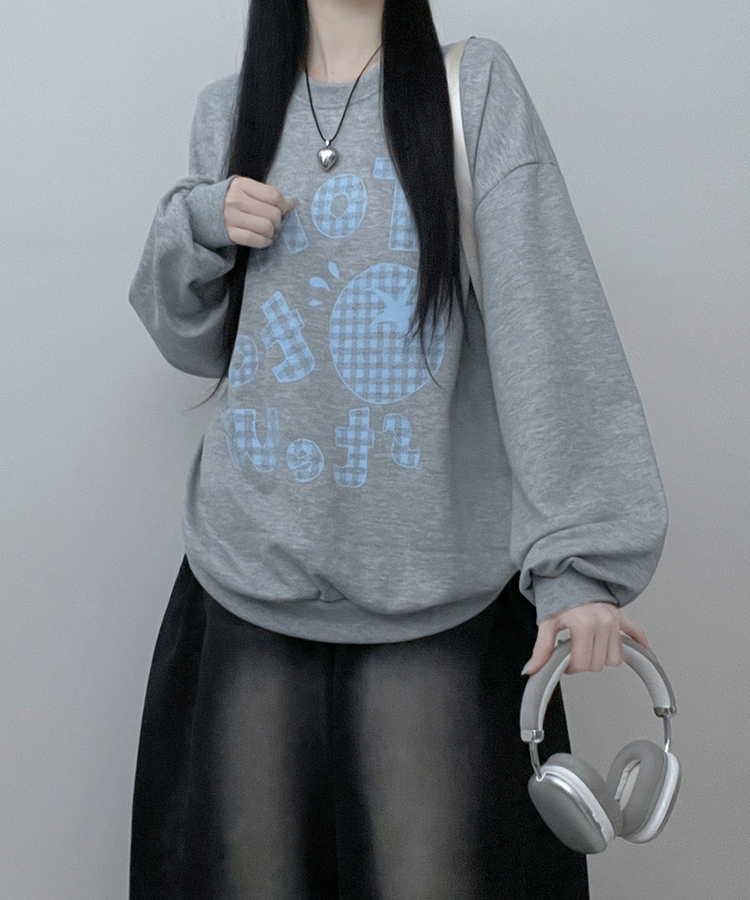 기모버전스윗토마토체크레터링프린팅벌룬박스핏맨투맨 멜란지