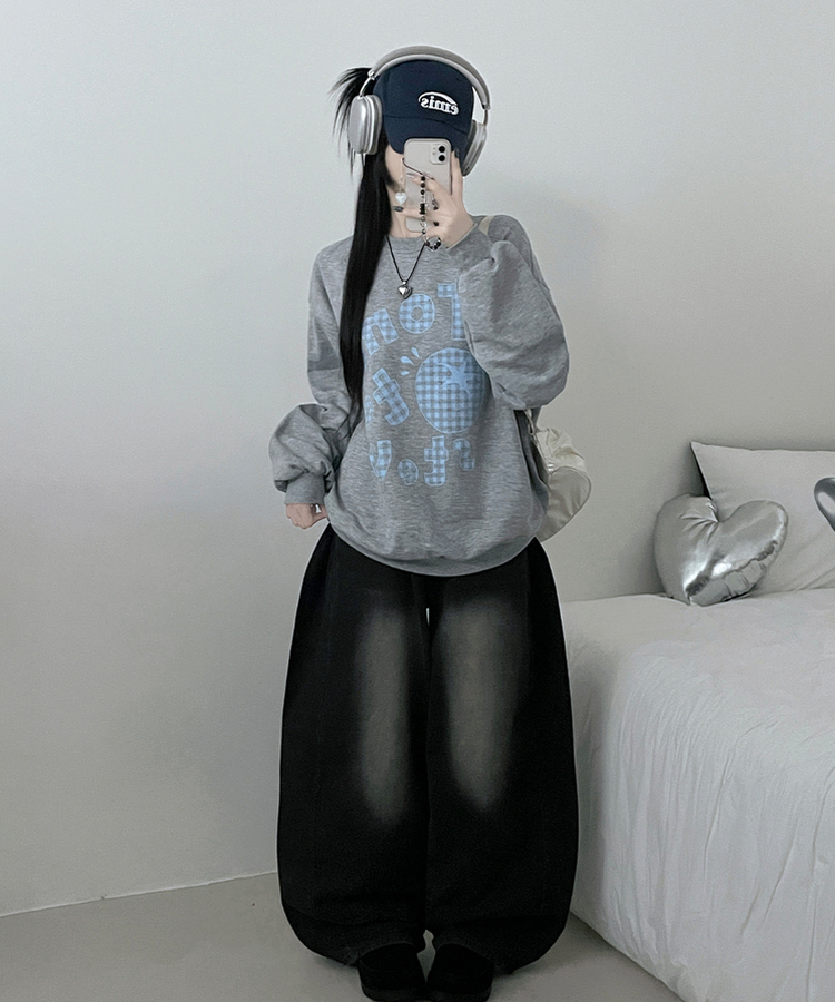 기모버전스윗토마토체크레터링프린팅벌룬박스핏맨투맨 멜란지