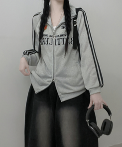 기모선택56트랙라인프린팅레터링투웨이박스핏집업 백멜란지