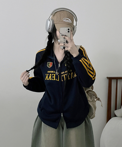 기모선택56트랙라인프린팅레터링투웨이박스핏집업 네이비