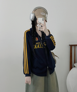 기모선택56트랙라인프린팅레터링투웨이박스핏집업 네이비