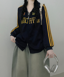 기모선택56트랙라인프린팅레터링투웨이박스핏집업 네이비