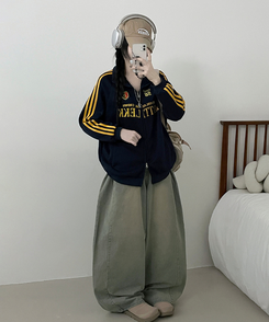 기모선택56트랙라인프린팅레터링투웨이박스핏집업 네이비