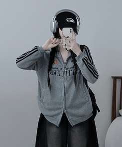 기모선택56트랙라인프린팅레터링투웨이박스핏집업 그레이