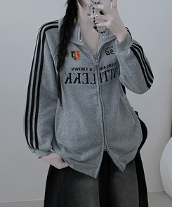 기모선택56트랙라인프린팅레터링투웨이박스핏집업 그레이