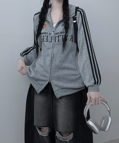 기모선택56트랙라인프린팅레터링투웨이박스핏집업 그레이