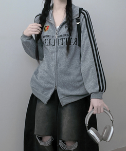 기모선택56트랙라인프린팅레터링투웨이박스핏집업 그레이