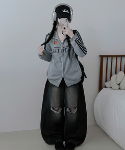 기모선택56트랙라인프린팅레터링투웨이박스핏집업 그레이