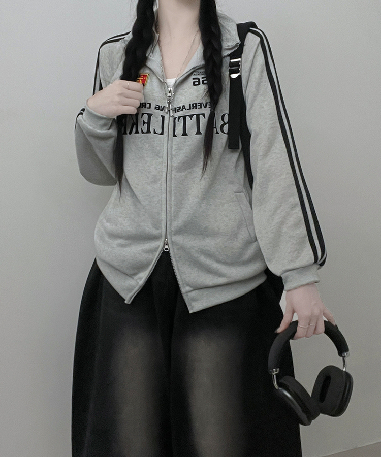 기모선택56트랙라인프린팅레터링투웨이박스핏집업 백멜란지