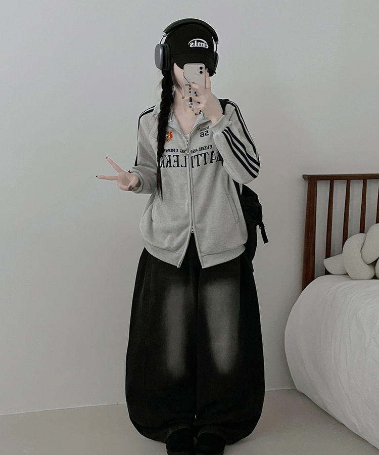 기모선택56트랙라인프린팅레터링투웨이박스핏집업 백멜란지