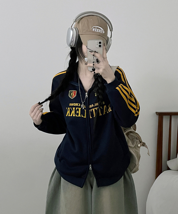 기모선택56트랙라인프린팅레터링투웨이박스핏집업 네이비