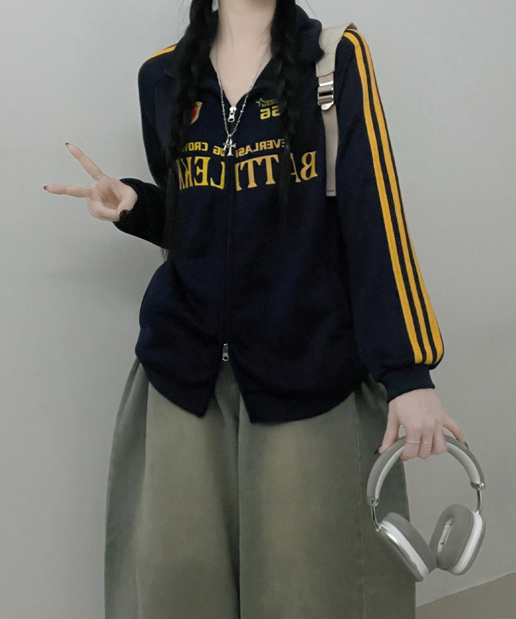 기모선택56트랙라인프린팅레터링투웨이박스핏집업 네이비