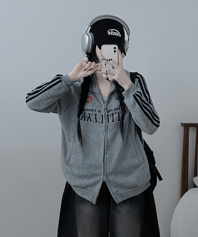 기모선택56트랙라인프린팅레터링투웨이박스핏집업 그레이