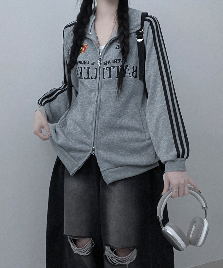 기모선택56트랙라인프린팅레터링투웨이박스핏집업 그레이