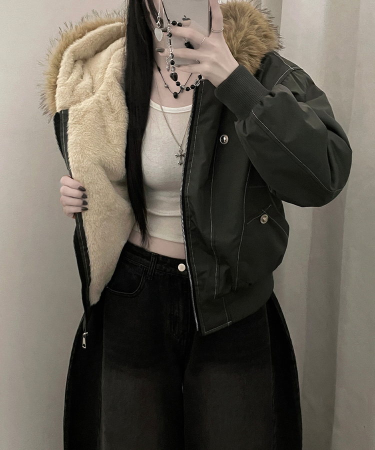 콤마스티치절개퍼야상후드숏자켓점퍼