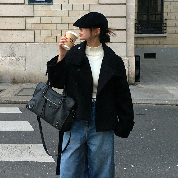 センターウエストウールショートコート BLACK