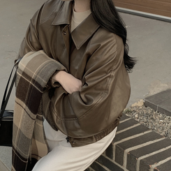 레더 아방핏 겨울 크롭자켓 양털 퍼안감 가죽점퍼 밤색