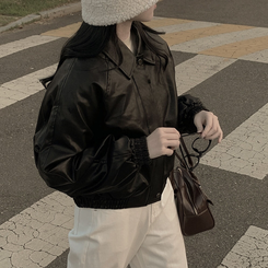 레더 아방핏 겨울 크롭자켓 양털 퍼안감 가죽점퍼 블랙