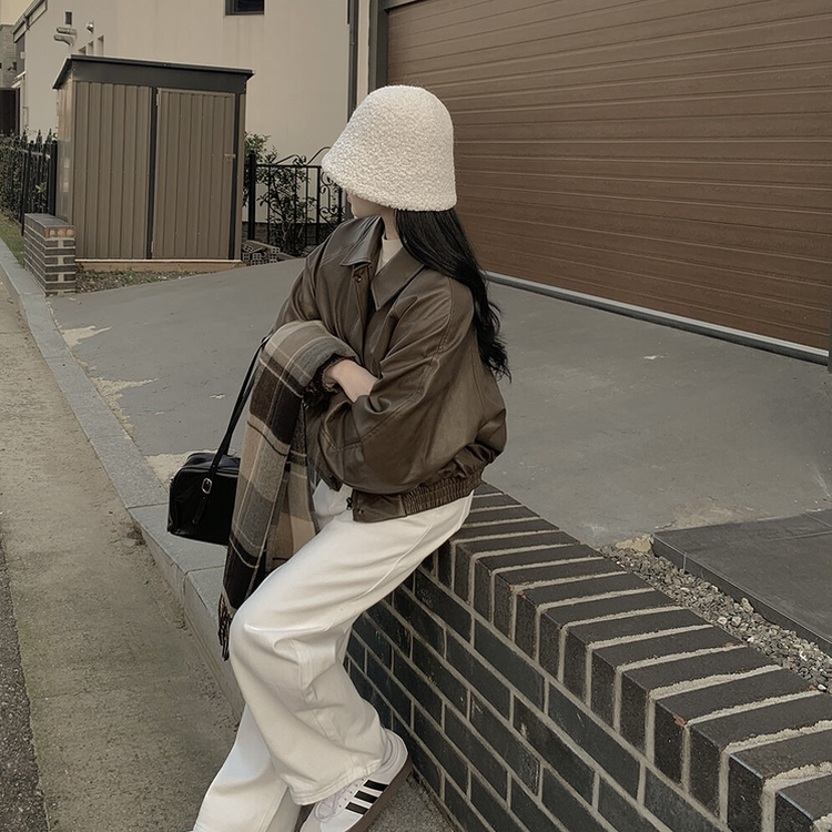 레더 아방핏 겨울 크롭자켓 양털 퍼안감 가죽점퍼 밤색