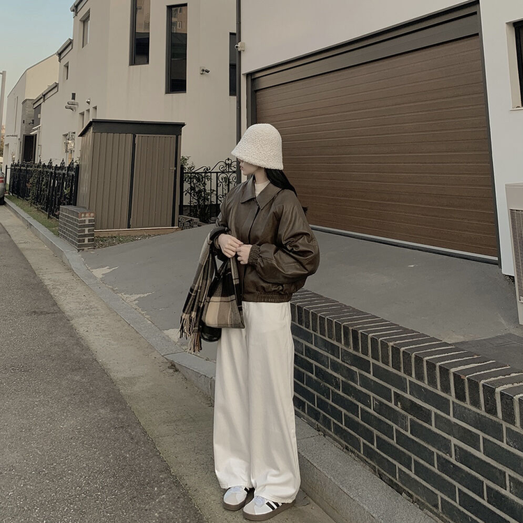 레더 아방핏 겨울 크롭자켓 양털 퍼안감 가죽점퍼 밤색