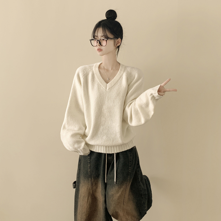체형커버 아방핏 부드러운 무지 브이넥 나그랑 오버핏 폭닥 겨울니트 넉넉함보장 빅사이즈 화이트