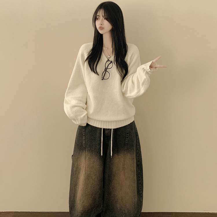 체형커버 아방핏 부드러운 무지 브이넥 나그랑 오버핏 폭닥 겨울니트 넉넉함보장 빅사이즈 화이트