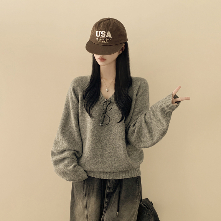 체형커버 아방핏 부드러운 무지 브이넥 나그랑 오버핏 폭닥 겨울니트 넉넉함보장 빅사이즈 그레이