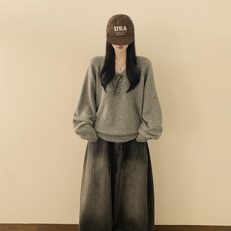 체형커버 아방핏 부드러운 무지 브이넥 나그랑 오버핏 폭닥 겨울니트 넉넉함보장 빅사이즈 그레이