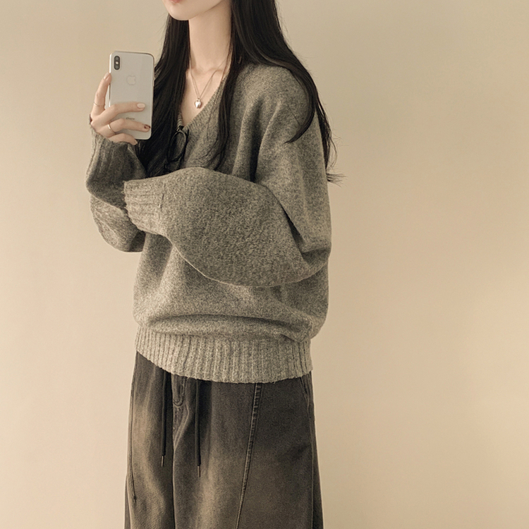 체형커버 아방핏 부드러운 무지 브이넥 나그랑 오버핏 폭닥 겨울니트 넉넉함보장 빅사이즈 그레이