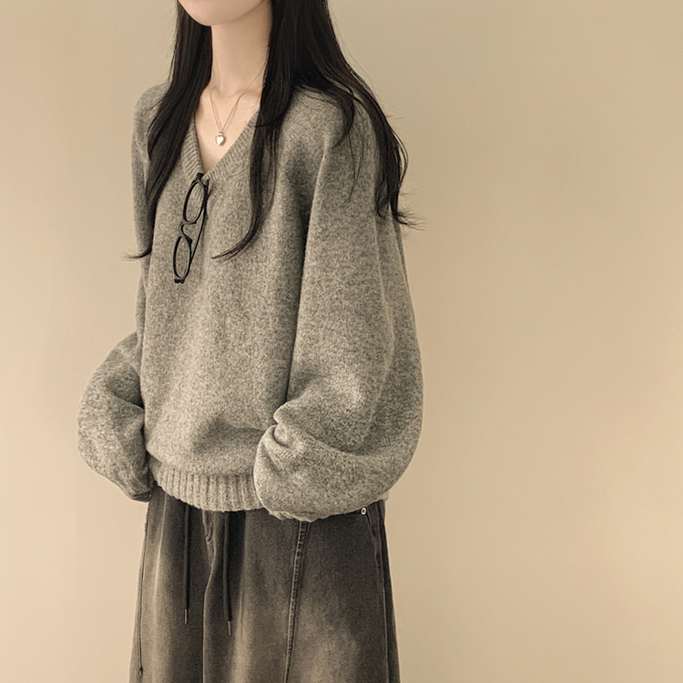 체형커버 아방핏 부드러운 무지 브이넥 나그랑 오버핏 폭닥 겨울니트 넉넉함보장 빅사이즈 그레이