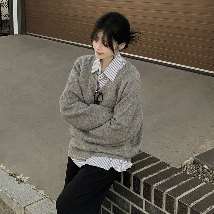 체형커버 아방핏 부드러운 무지 브이넥 나그랑 오버핏 폭닥 겨울니트 넉넉함보장 빅사이즈 그레이