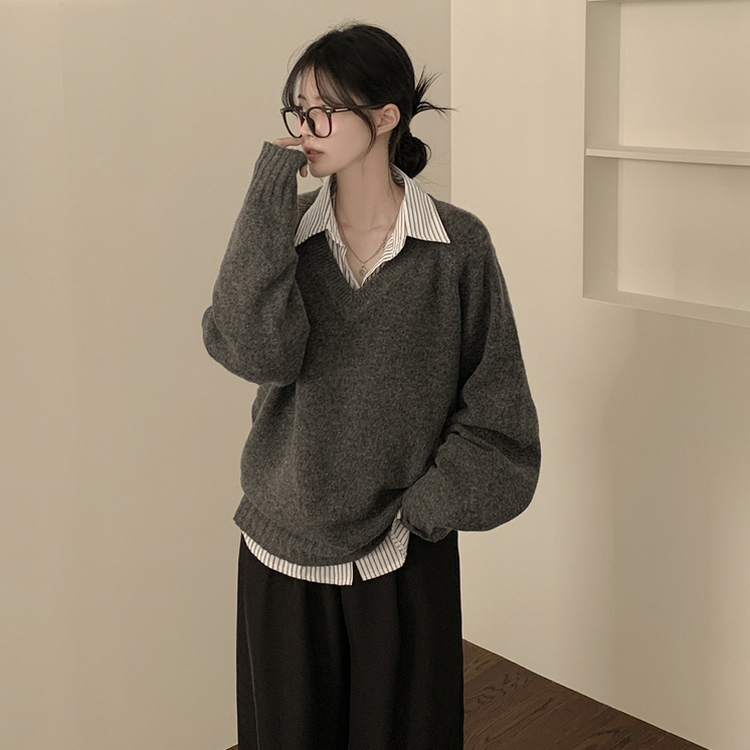 체형커버 아방핏 부드러운 무지 브이넥 나그랑 오버핏 폭닥 겨울니트 넉넉함보장 빅사이즈 차콜