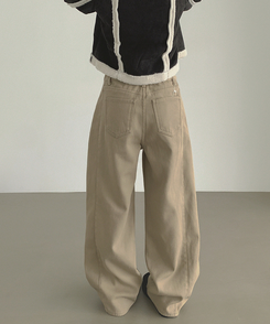 2XL겨울 필수 융털기모 도톰 절개 밴딩 와이드 면팬츠 베이지