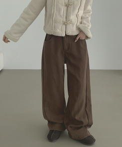 2XL겨울 필수 융털기모 도톰 절개 밴딩 와이드 면팬츠 딥브라운