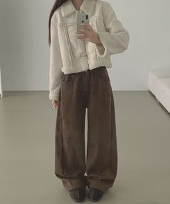 2XL겨울 필수 융털기모 도톰 절개 밴딩 와이드 면팬츠 딥브라운