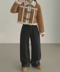 2XL겨울 필수 융털기모 도톰 절개 밴딩 와이드 면팬츠 블랙