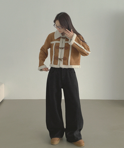 2XL겨울 필수 융털기모 도톰 절개 밴딩 와이드 면팬츠 블랙