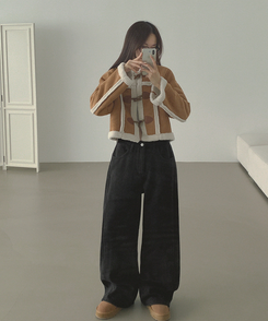 2XL겨울 필수 융털기모 도톰 절개 밴딩 와이드 면팬츠 블랙