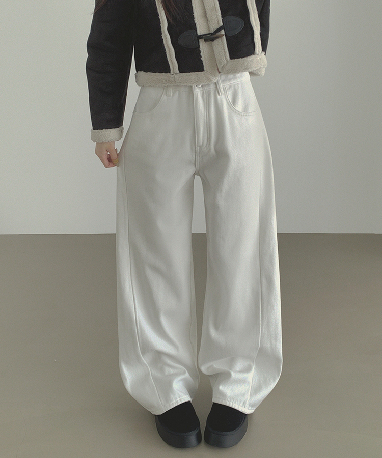 2XL겨울 필수 융털기모 도톰 절개 밴딩 와이드 면팬츠 화이트