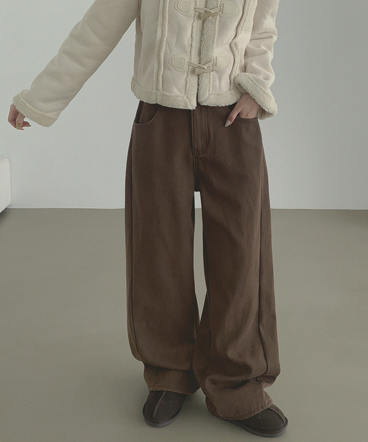 2XL겨울 필수 융털기모 도톰 절개 밴딩 와이드 면팬츠 딥브라운