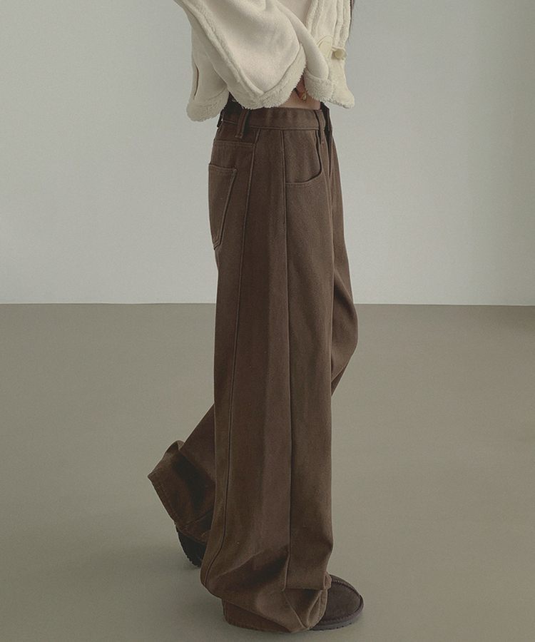 2XL겨울 필수 융털기모 도톰 절개 밴딩 와이드 면팬츠 딥브라운