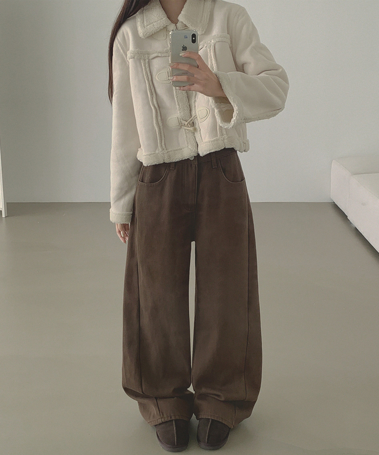 2XL겨울 필수 융털기모 도톰 절개 밴딩 와이드 면팬츠 딥브라운