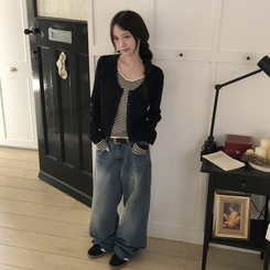 ストライプレイヤードニットカーディガン BLACK