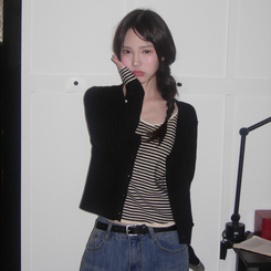 ストライプレイヤードニットカーディガン BLACK