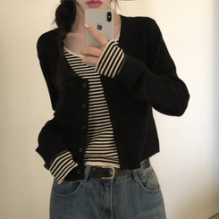 ストライプレイヤードニットカーディガン BLACK