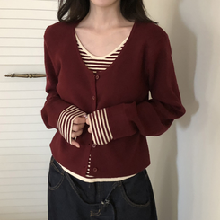 ストライプレイヤードニットカーディガン BURGUNDY