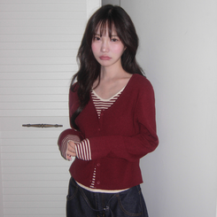 ストライプレイヤードニットカーディガン BURGUNDY