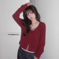 ストライプレイヤードニットカーディガン BURGUNDY