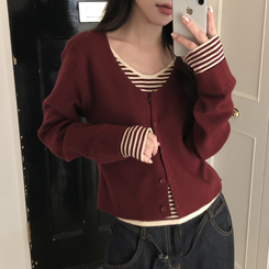 ストライプレイヤードニットカーディガン BURGUNDY